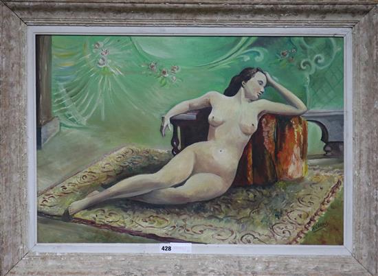 H. Cornu, oil on canvas, reclining female nude, signed, 50 x 72cm